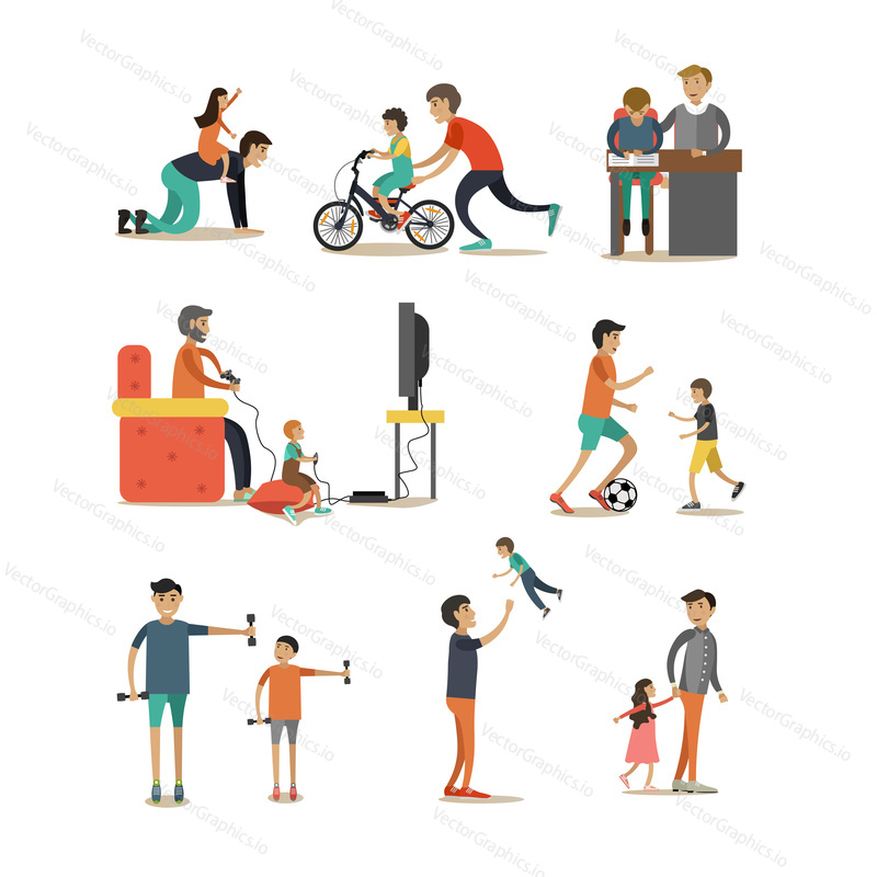 Vector flat icons set of father with child characters isolated on white background. Fathers playing video games, leisure games, walking in park, doing sport and homework with their children.