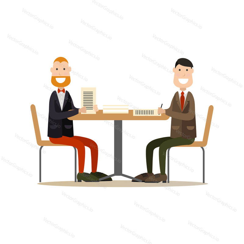 Vector illustration of two businessmen signing agreement. Business partners concluding contract. Office people flat style design elements, icons isolated on white background.