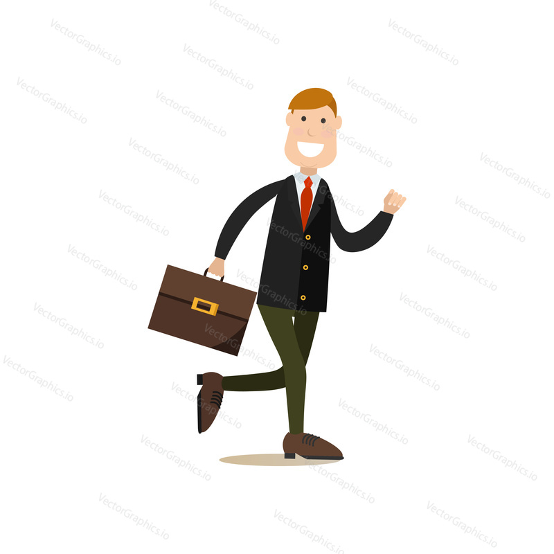 Vector illustration of smiling businessman in suit running with briefcase in hand. Office people flat style design element, icon isolated on white background.