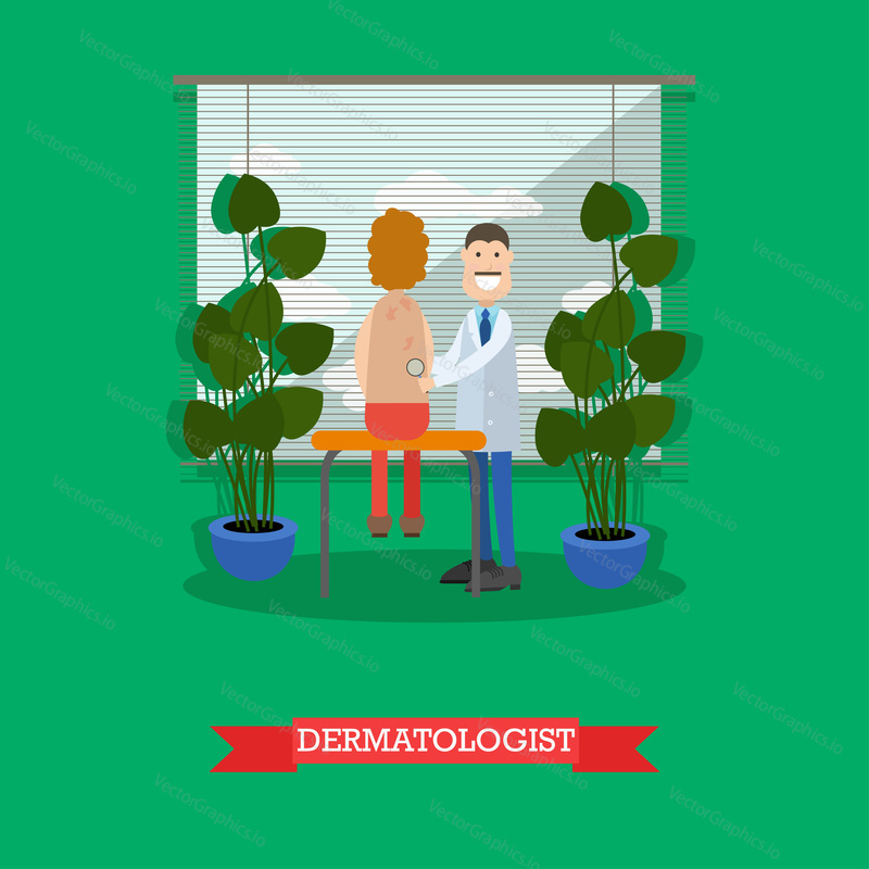 Vector illustration of doctor male dermatologist examining his patient. Medical clinic interior. Flat style design.