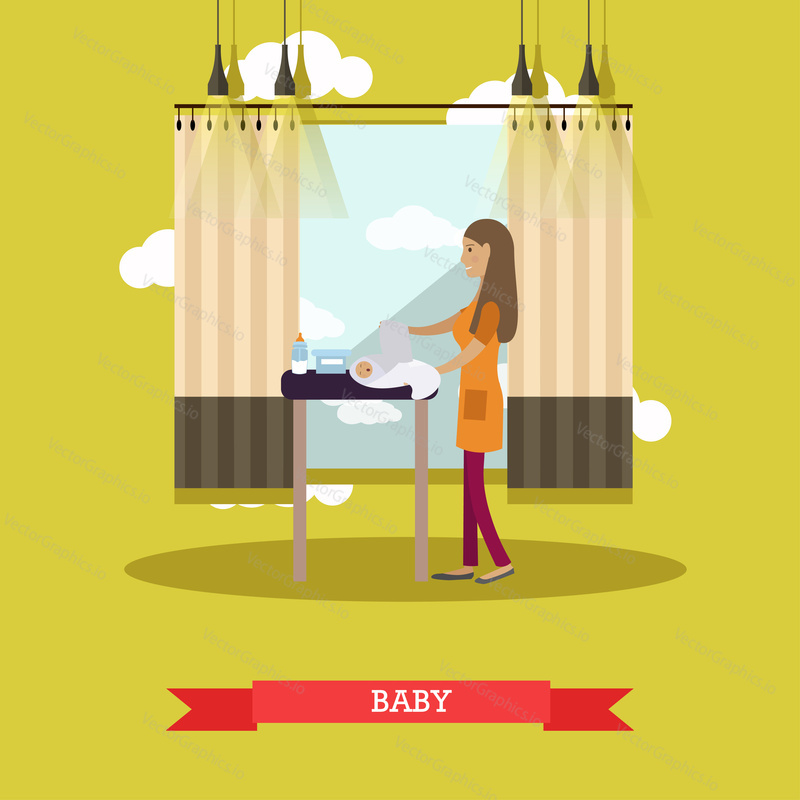Vector illustration of young mother changing diaper and swaddling her newborn baby. Childcare concept flat style design element.