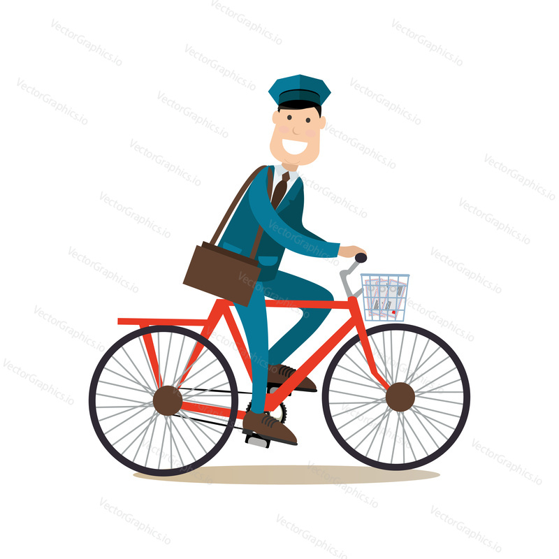 Vector illustration of postman riding bicycle and delivering mail. Cheerful smiling mailman with post bag. Delivery people concept flat style design element, icon isolated on white background.
