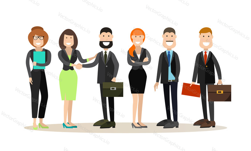 Vector illustration of office staff, group of smiling businessmen and businesswomen. Office people flat style design elements, icons isolated on white background.