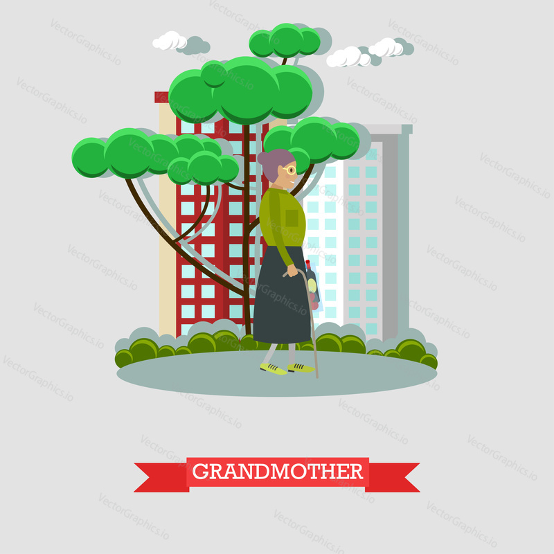 Vector illustration of elderly woman with cane in one hand and with shopping bag in another hand. Grandmother walking in the street flat style design element.