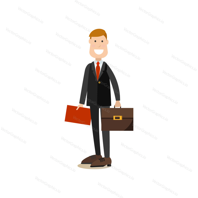 Vector illustration of smiling businessman in suit standing with red folder and briefcase in hands. Office people flat style design element, icon isolated on white background.
