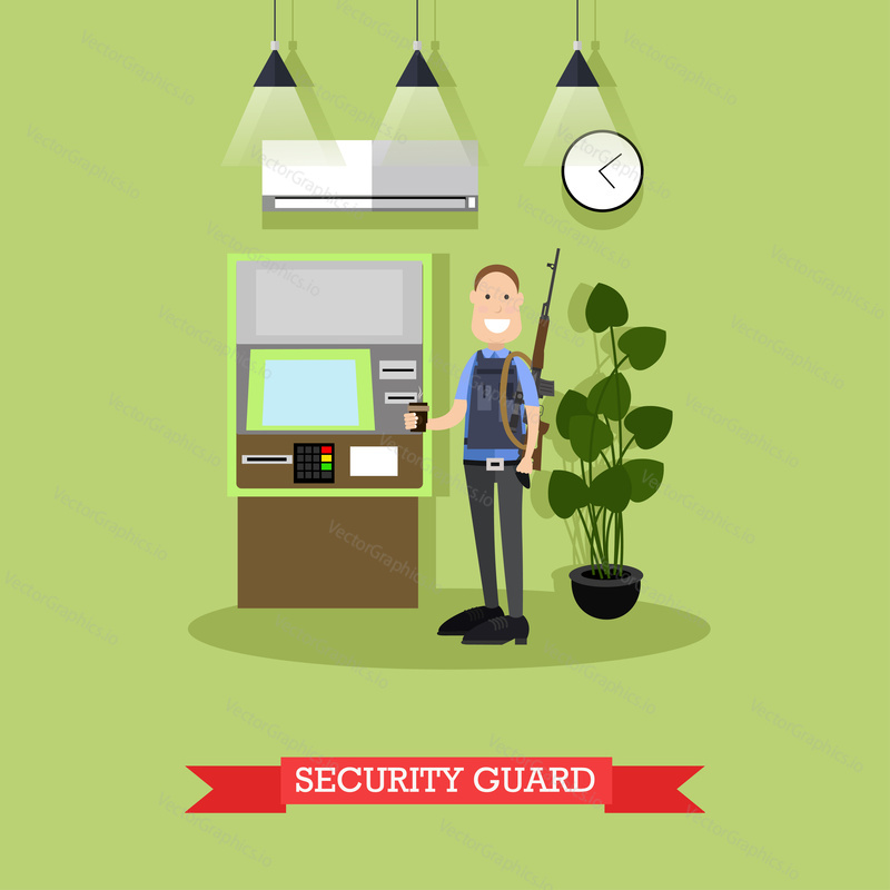 Vector illustration of armed security guard standing next to ATM. Bank security officer concept design element in flat style
