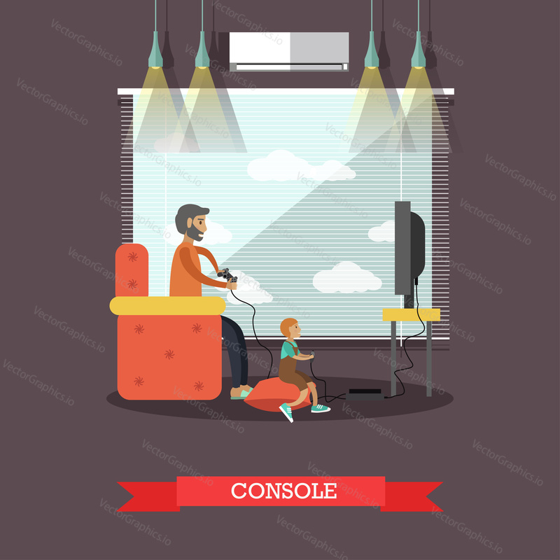 Vector illustration of father and son playing video games together. Game console concept flat style design element.