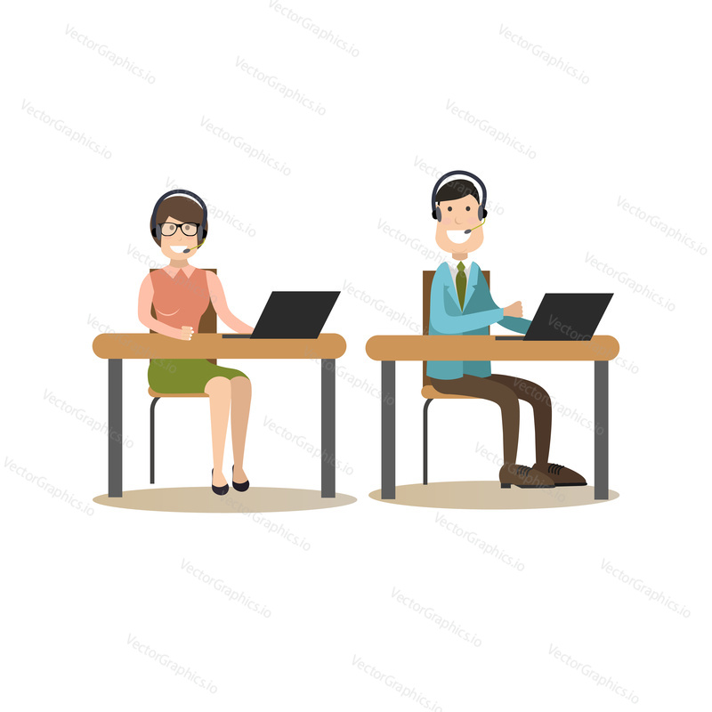 Vector illustration of customer service representatives male and female at work. Bank people concept flat style design elements, icons isolated on white background.