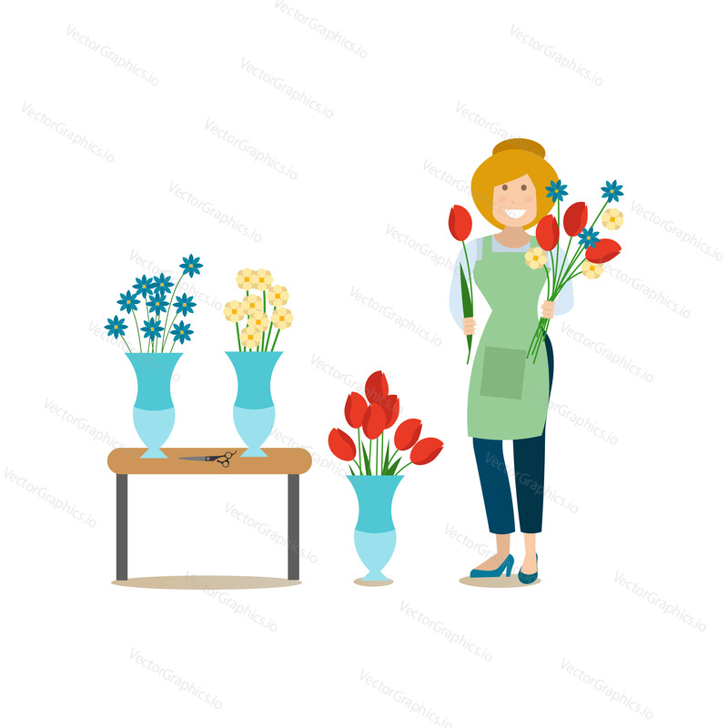 Vector illustration of woman florist with flowers. Delivery people concept flat style design element, icon isolated on white background.