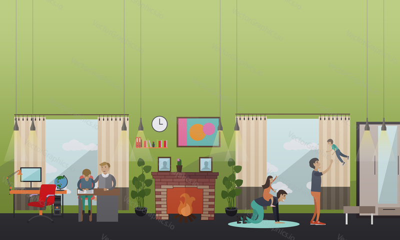 Vector illustration of fathers playing games, doing homework with their children. Childcare and upbringing concept flat style design element.