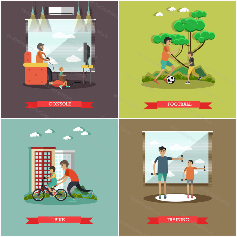 Vector set of father concept square posters. Console, Football, Bike and Training flat style design elements.