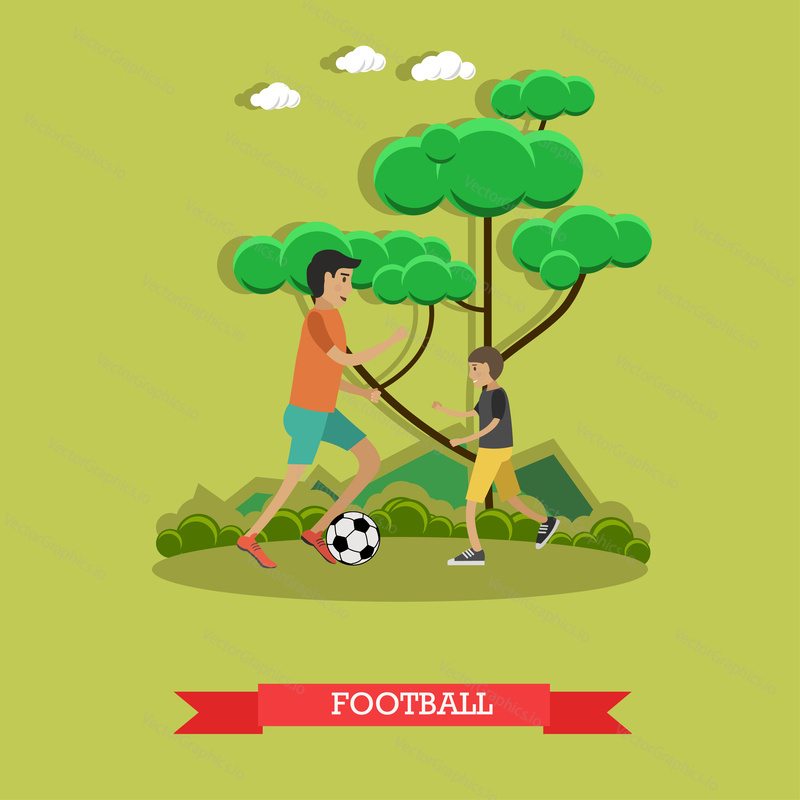 Vector illustration of father and his son playing football. Childcare and parenting concept flat style design element.