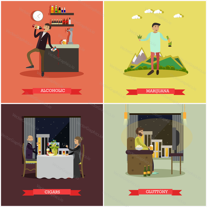 Vector set of bad habits posters. Alcoholic, Marijuana, Cigars and Gluttony concept flat style design elements.