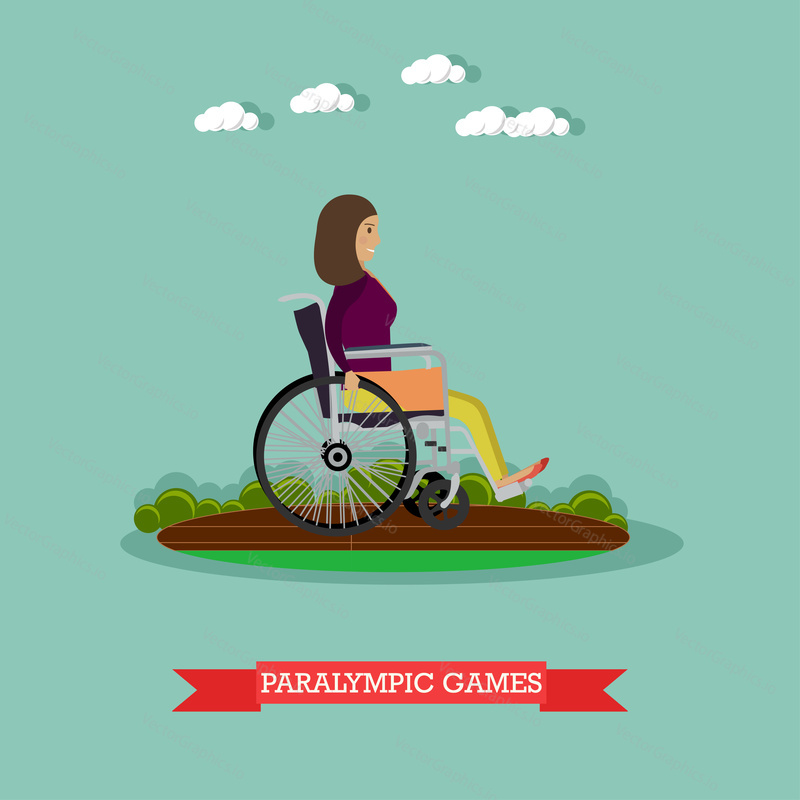 Vector illustration of disabled woman athlete in wheelchair taking part in sports competition. Paralympic games concept design element in flat style.