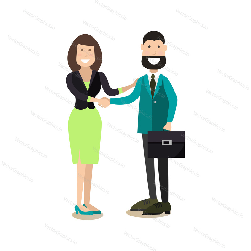 Vector illustration of businessman and businesswoman making a great deal and shaking hands. Office people flat style design elements, icons isolated on white background.