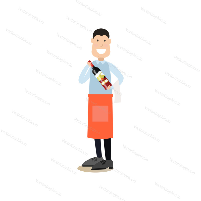 Vector illustration of waiter holding bottle of wine. Cook people concept flat style design element, icon isolated on white background.