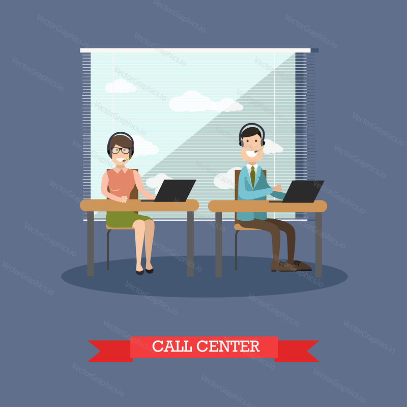 Vector illustration of customer service representatives male and female. Banking services, call center concept design element in flat style.