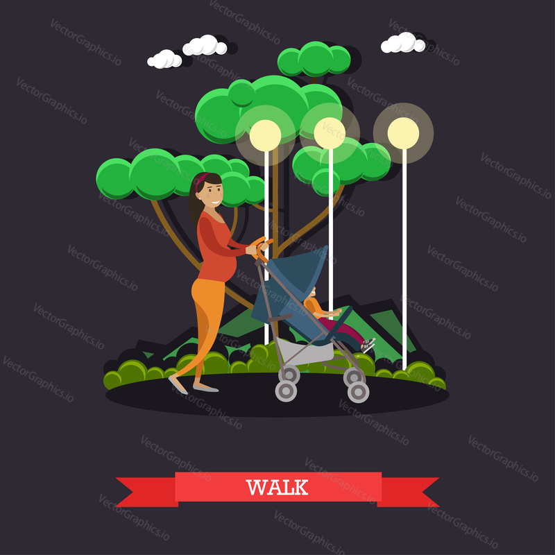 Vector illustration of pregnant mother walking with baby in stroller. Walk in the park concept design element in flat style.