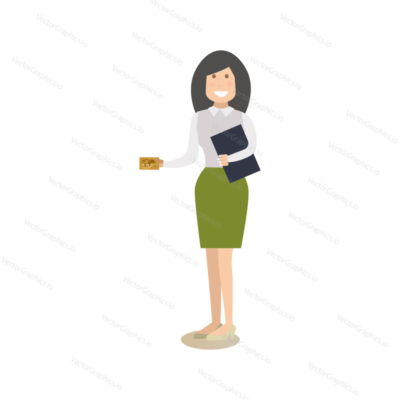 Vector illustration of bank manager or customer female with credit card. Bank people concept flat style design element, icon isolated on white background.