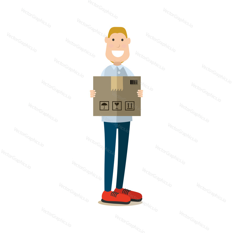 Vector illustration of postal worker with parcel. Delivery people concept flat style design element, icon isolated on white background.
