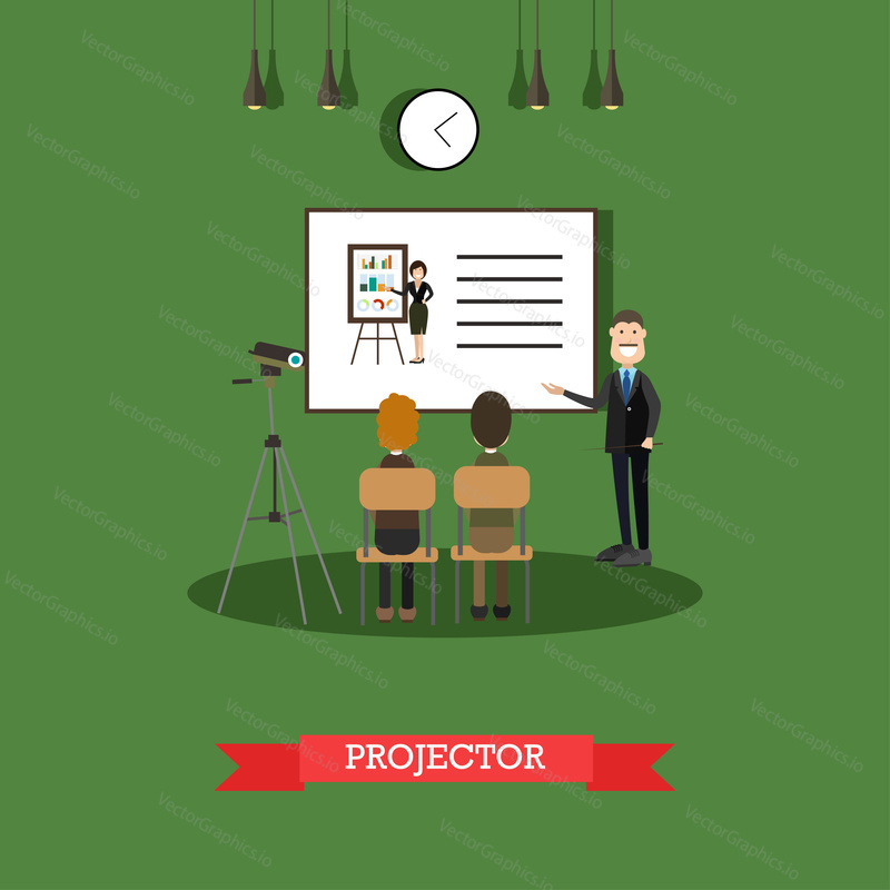 Vector illustration of businessman giving presentation. Lecturer male pointing at projection screen. Flat style design.