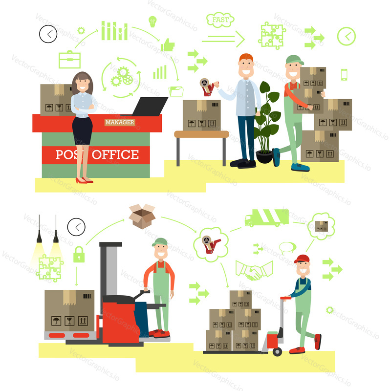 Fast delivery concept vector illustration. Postal workers. Delivery schemes, symbols, icons, flat style design elements.