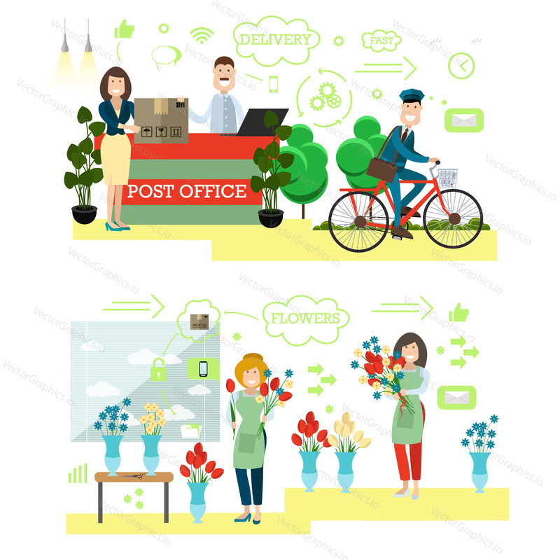 Fast delivery concept vector illustration. Postman, postal worker and client with parcel, florist creating flower arrangement. Mail and flower delivery flat style design elements, schemes, icons.