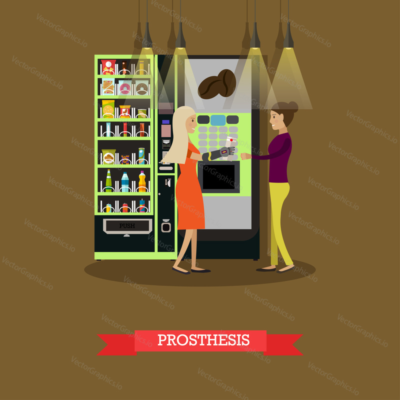 Vector illustration of disabled young woman holding disposable cup in prosthetic arm. Coffee automatic machine and vending or food machine. Prosthesis concept design element in flat style.