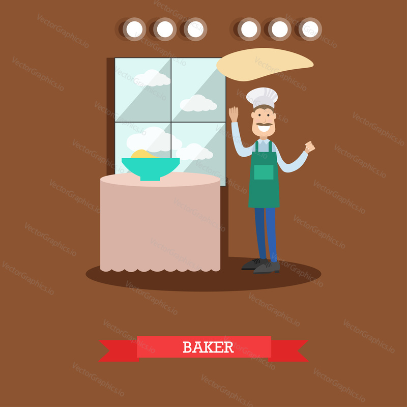 Vector illustration of cook male making pizza dough. Baker concept flat style design element.