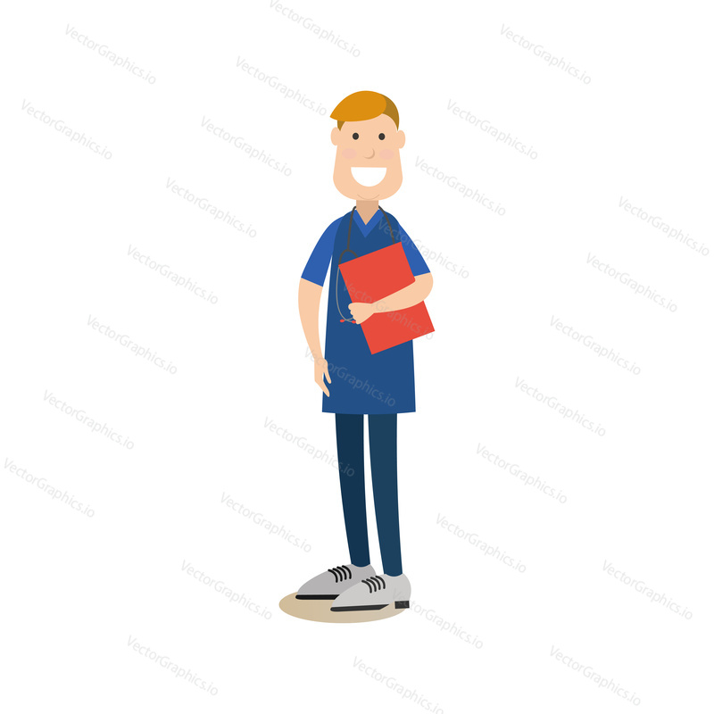 Vector illustration of happy doctor male in hospital scrubs with stethoscope and medical report. Medical practitioner, paramedic flat style design element, icon isolated on white background.