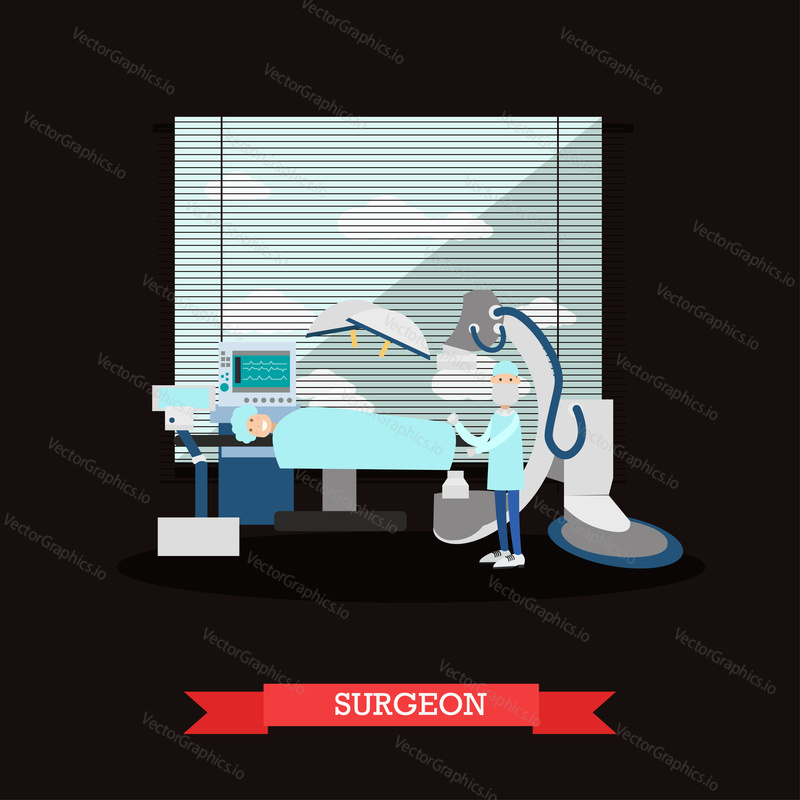 Vector illustration of doctor surgeon and patient in operating room. Surgery room interior and surgery equipment. Flat style design.