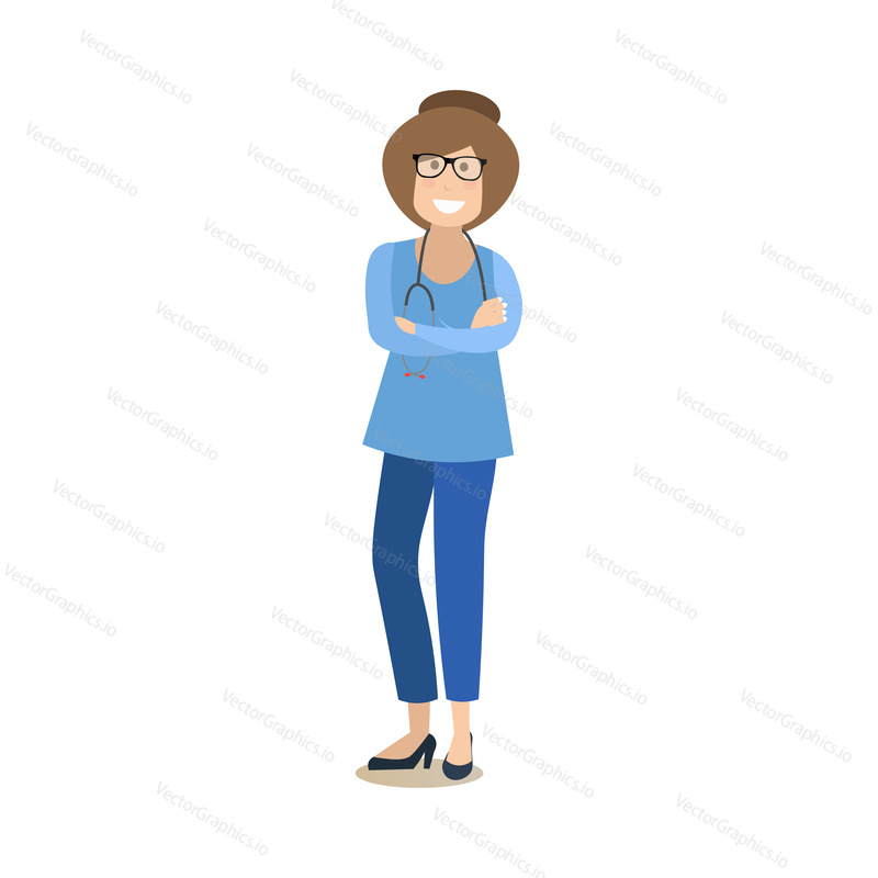 Vector illustration of smiling woman in hospital scrubs with stethoscope standing with arms crossed. Medical doctor, nurse flat style design element, icon isolated on white background.