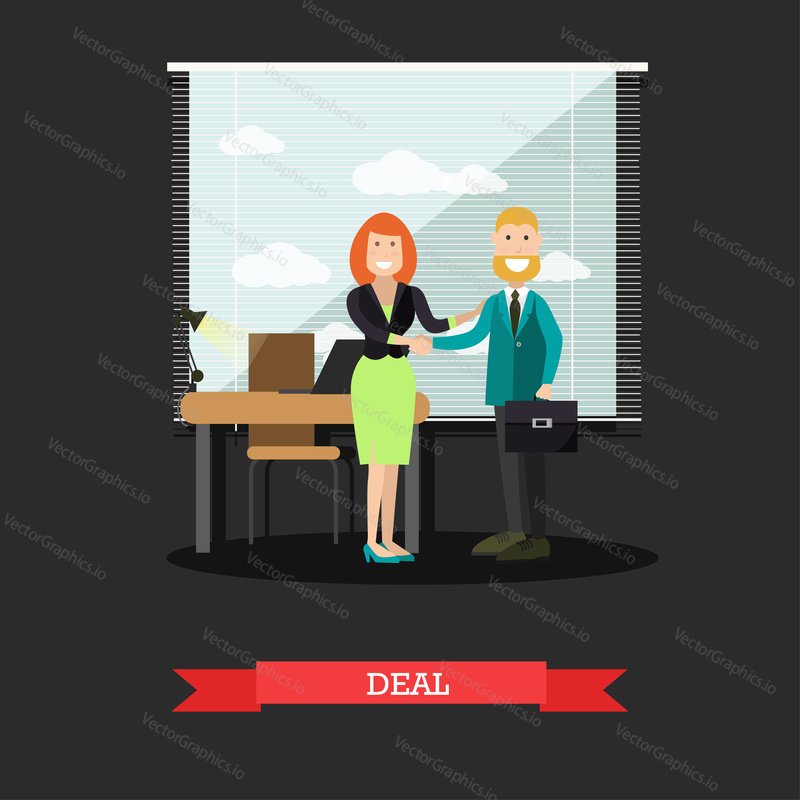 Vector illustration of businessman and businesswoman making a great deal and shaking hands. Deal concept design element in flat style.
