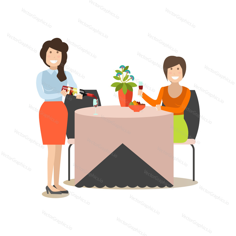 Restaurant guest vector illustration. Visitor female with wineglass sitting at table and waitress filling wine glass flat style design elements isolated on white background.