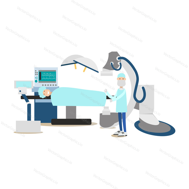 Vector illustration of doctor surgeon and patient lying on operating table. Medical practitioner flat style design element, icon isolated on white background.