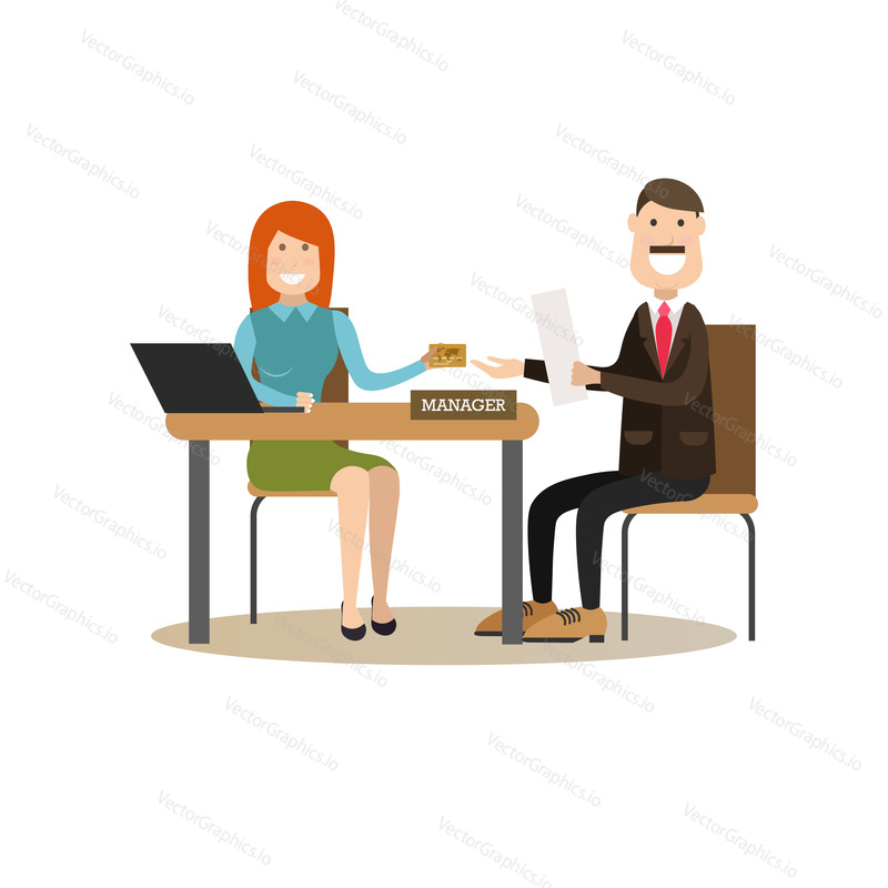 Vector illustration of bank personal manager female giving credit card to customer male. Bank people concept flat style design elements, icons isolated on white background.