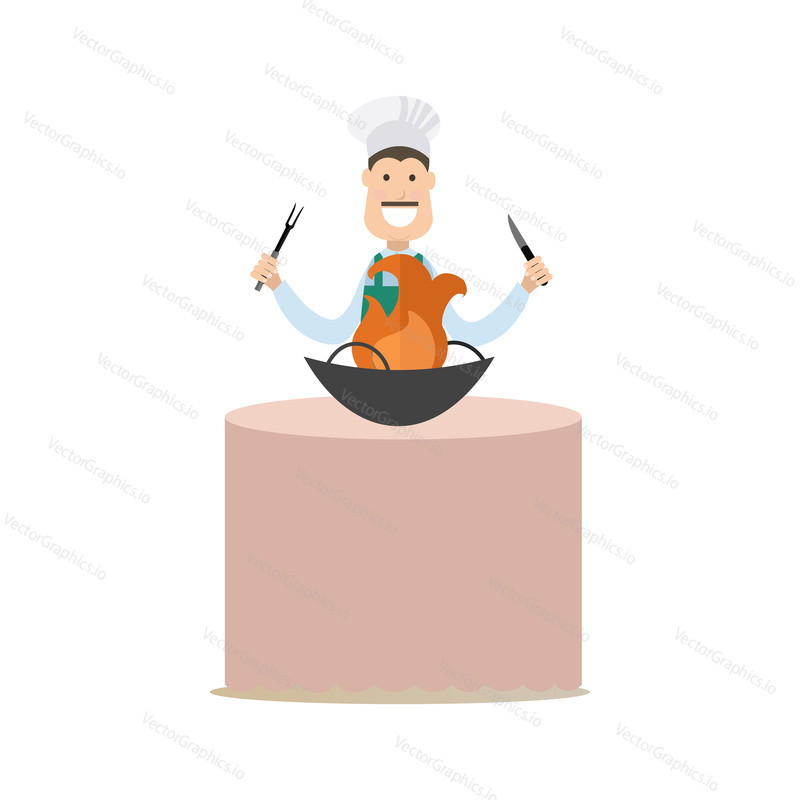 Vector illustration of cook holding kitchen knife and fork ready to cut and serve dish with fire. Cook people concept flat style design element, icon isolated on white background.