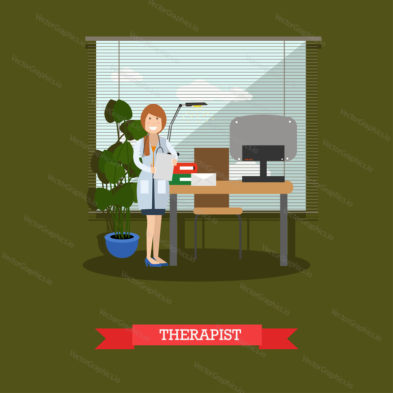 Vector illustration of doctor female with stethoscope at workplace. Medical clinic, doctors office interior. Therapist concept design element in flat style.