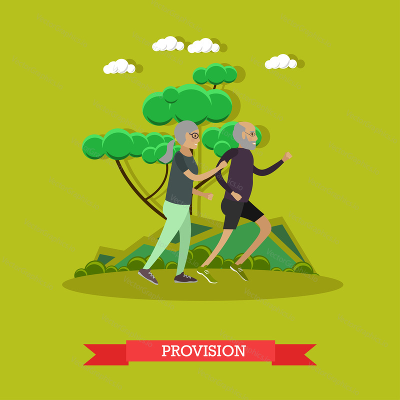 Vector illustration of happy mature couple enjoying spending time together. Active senior man and woman jogging in park. Provision for the elderly concept design element in flat style.