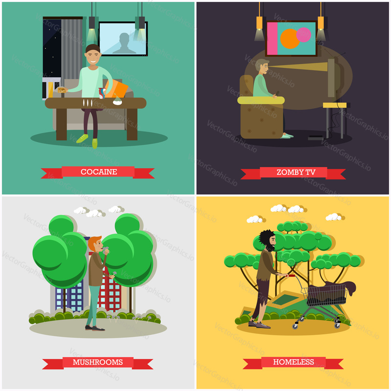 Vector set of bad habits posters. Cocaine, Zombie TV, Mushrooms and Homeless concept flat style design elements.