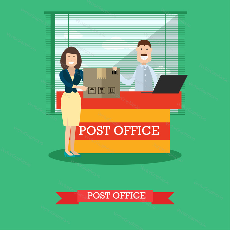 Vector illustration of postal worker male and woman receiving or sending parcel. Delivery service. Post office concept design element in flat style.