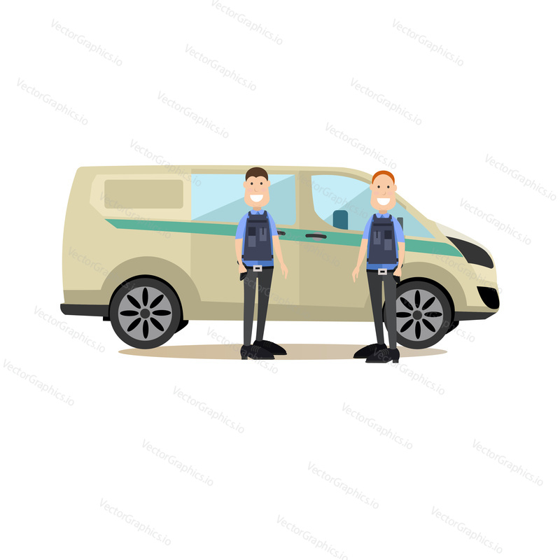 Vector illustration of collectors standing next to armored bank car. Bank people concept flat style design elements, icons isolated on white background.