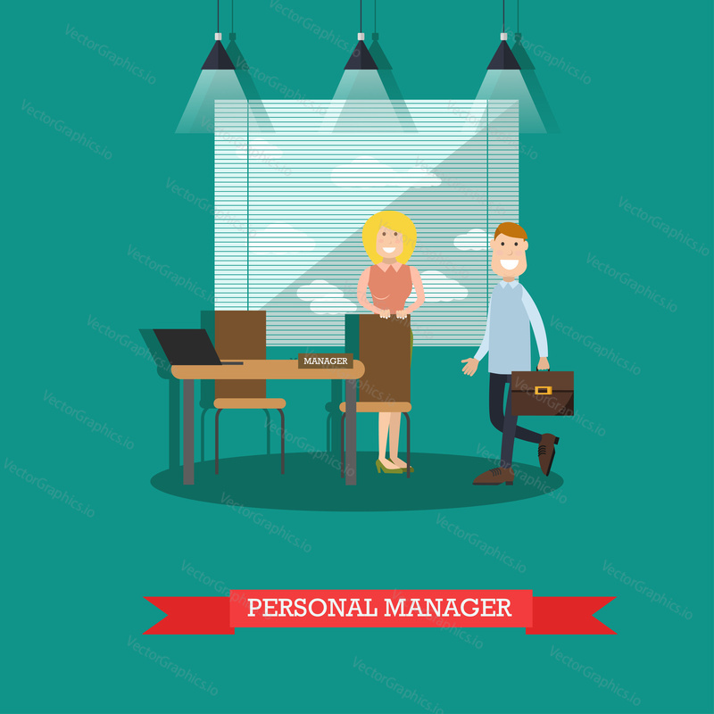 Vector illustration of bank personal manager female and customer male. Banking services concept design element in flat style.