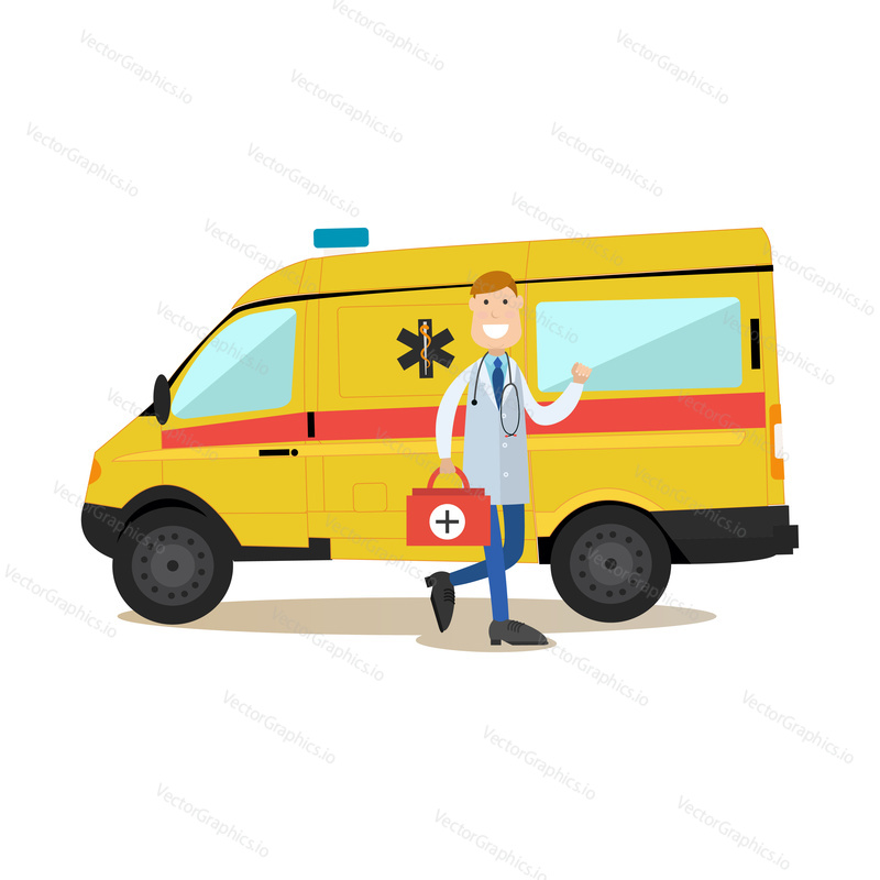 Vector illustration of ambulance car and doctor paramedic male with emergency bag standing next to it. Medical worker flat style design element, icon isolated on white background.