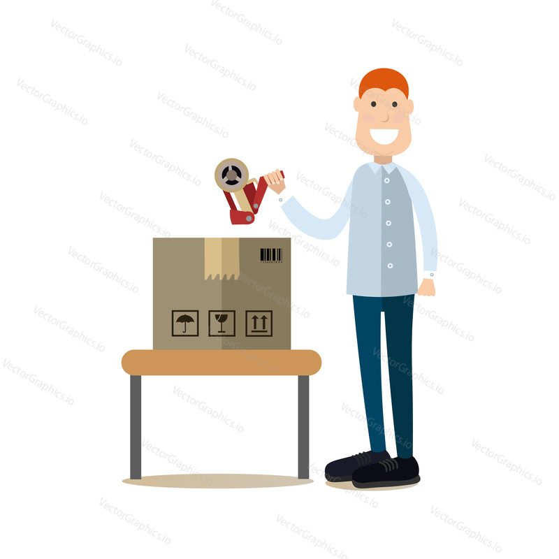 Vector illustration of postal worker parcel packer. Delivery people concept flat style design element, icon isolated on white background.