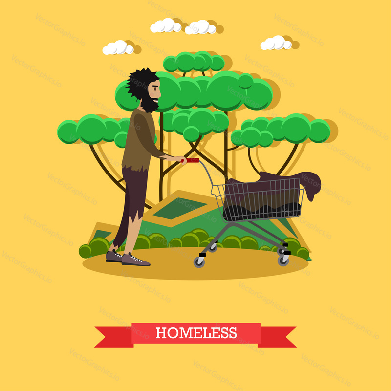 Vector illustration of a homeless man pushing cart with old stuff. Flat style design.