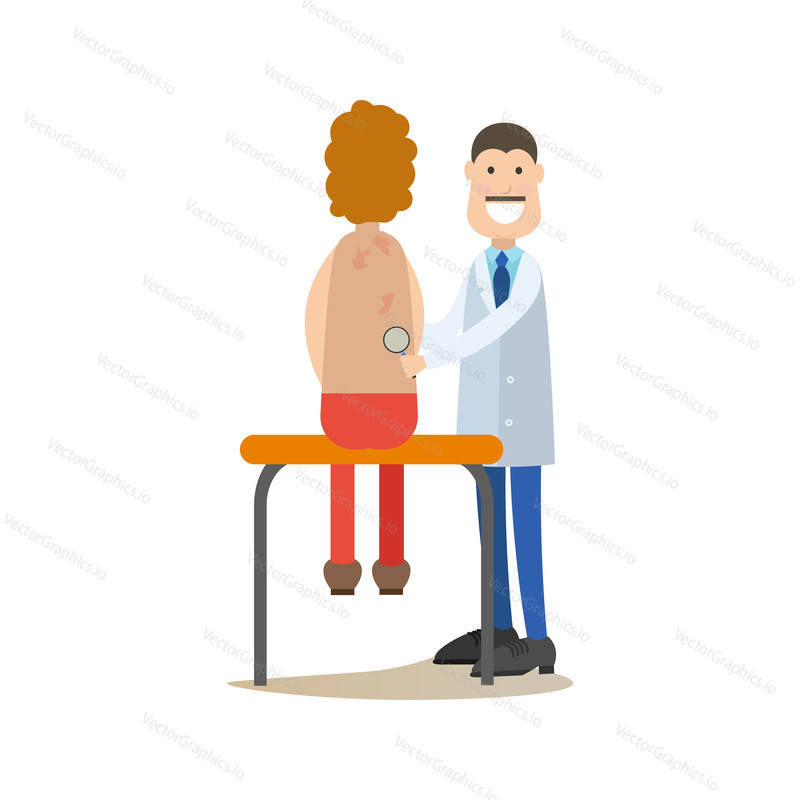 Vector illustration of doctor male dermatologist examining his patient. Medical practitioner flat style design element, icon isolated on white background.