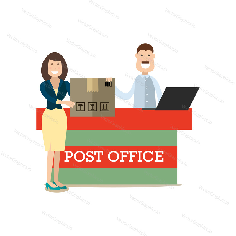 Vector illustration of postal worker male and woman receiving or sending parcel. Delivery people concept flat style design element, icon isolated on white background.
