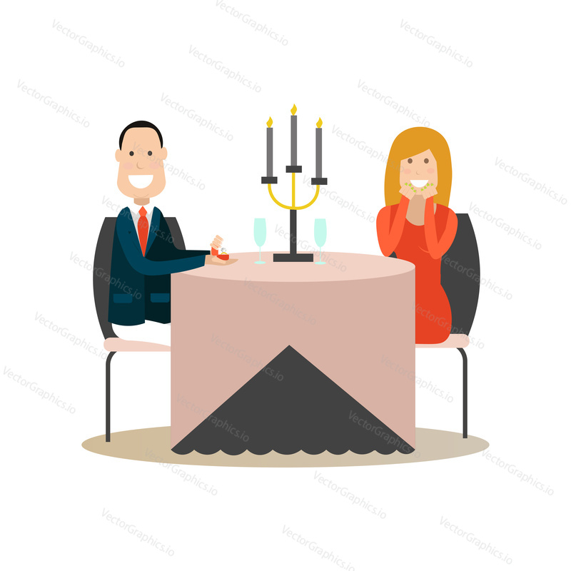 Vector illustration of happy couple sitting at restaurant table with candles. Man making proposal to lady and presenting engagement ring flat style design element isolated on white background.