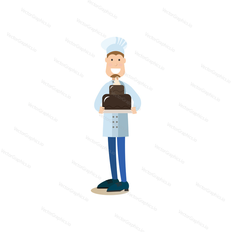 Vector illustration of confectioner holding two tiered chocolate cake. Cook people concept flat style design element, icon isolated on white background.